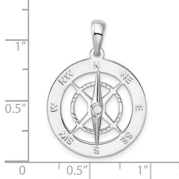 925 Sterling Silver Nautical Polished Moveable Needle Compass Pendant - Unisex - Picture 2 of 4